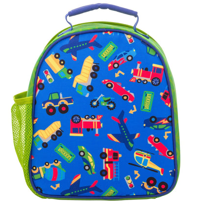 Blue Stephen Joseph backpack with colorful vehicle print including trucks, trains, planes, and helicopters; green mesh side pocket and top handle
