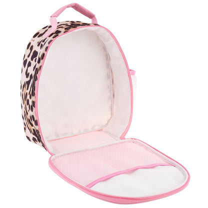 Stephen Joseph leopard print lunchbox in pink with open zippered compartment showing white interior lining and mesh pocket