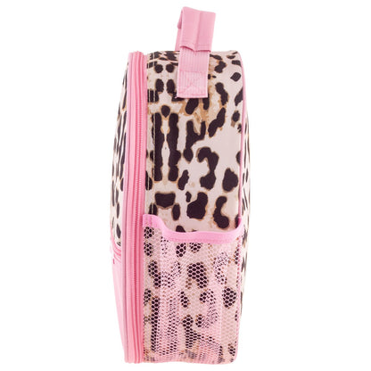 Pink zippered lunchbox with leopard all over print, mesh front pocket, and pink grab loop handle. No visible monogram in this side view