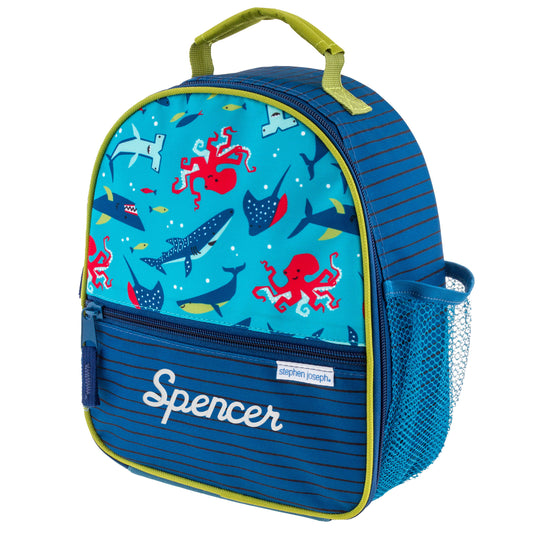 Personalized Blue Shark all over print lunchbox by Stephen Joseph