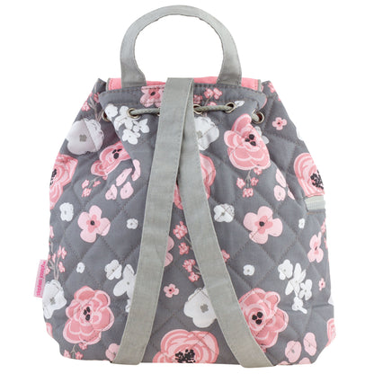 Gray quilted floral backpack with pink and white blooms, gray straps, drawstring closure, and side zipper.