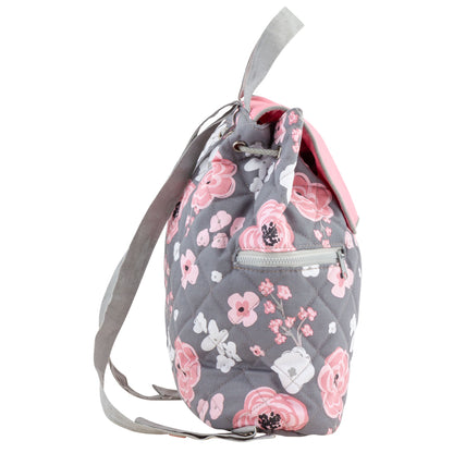 Gray quilted backpack with pink-and-white floral print, drawstring closure, flap, and front zip pocket.