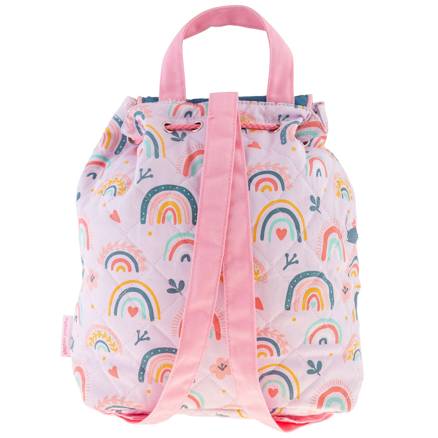 Quilted lavender duffel bag with rainbow print, pink handles, drawstring closure and side zipper.