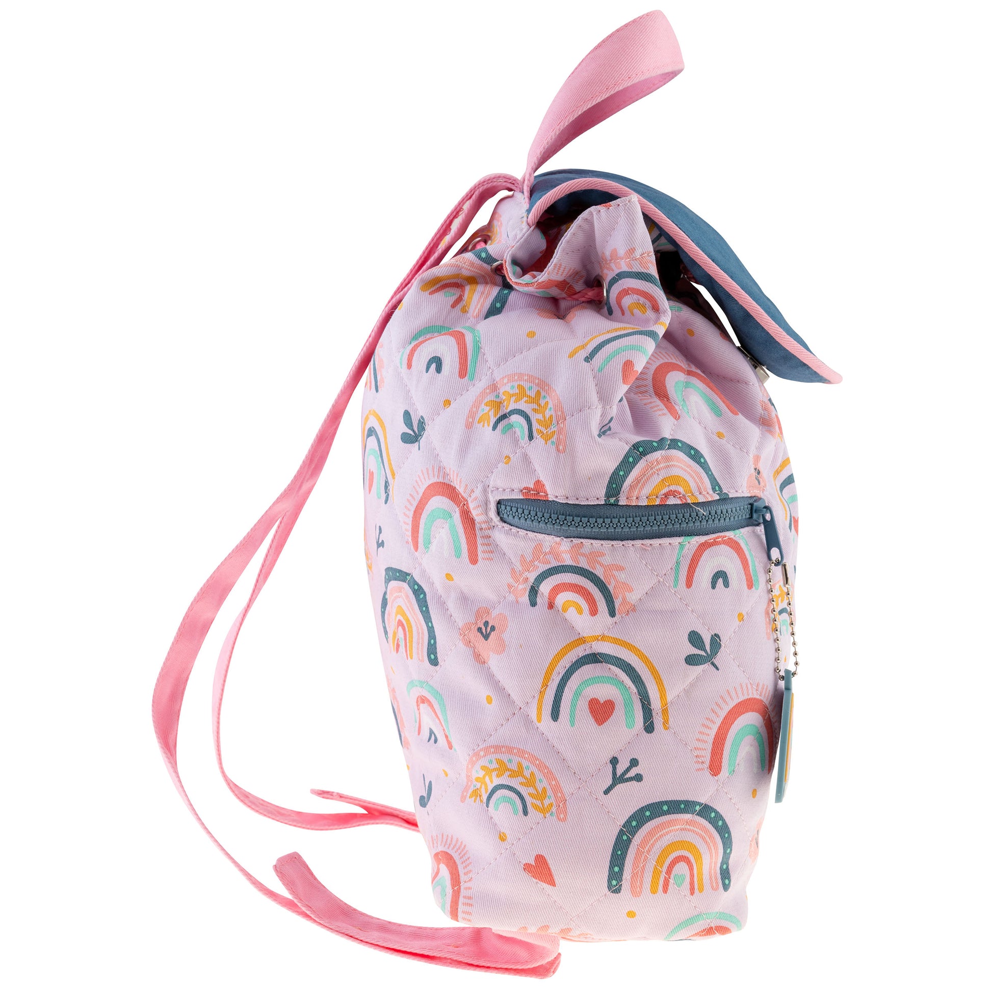 Pink quilted drawstring backpack with multicolor rainbow print, blue flap, straps, and front zipper pocket.