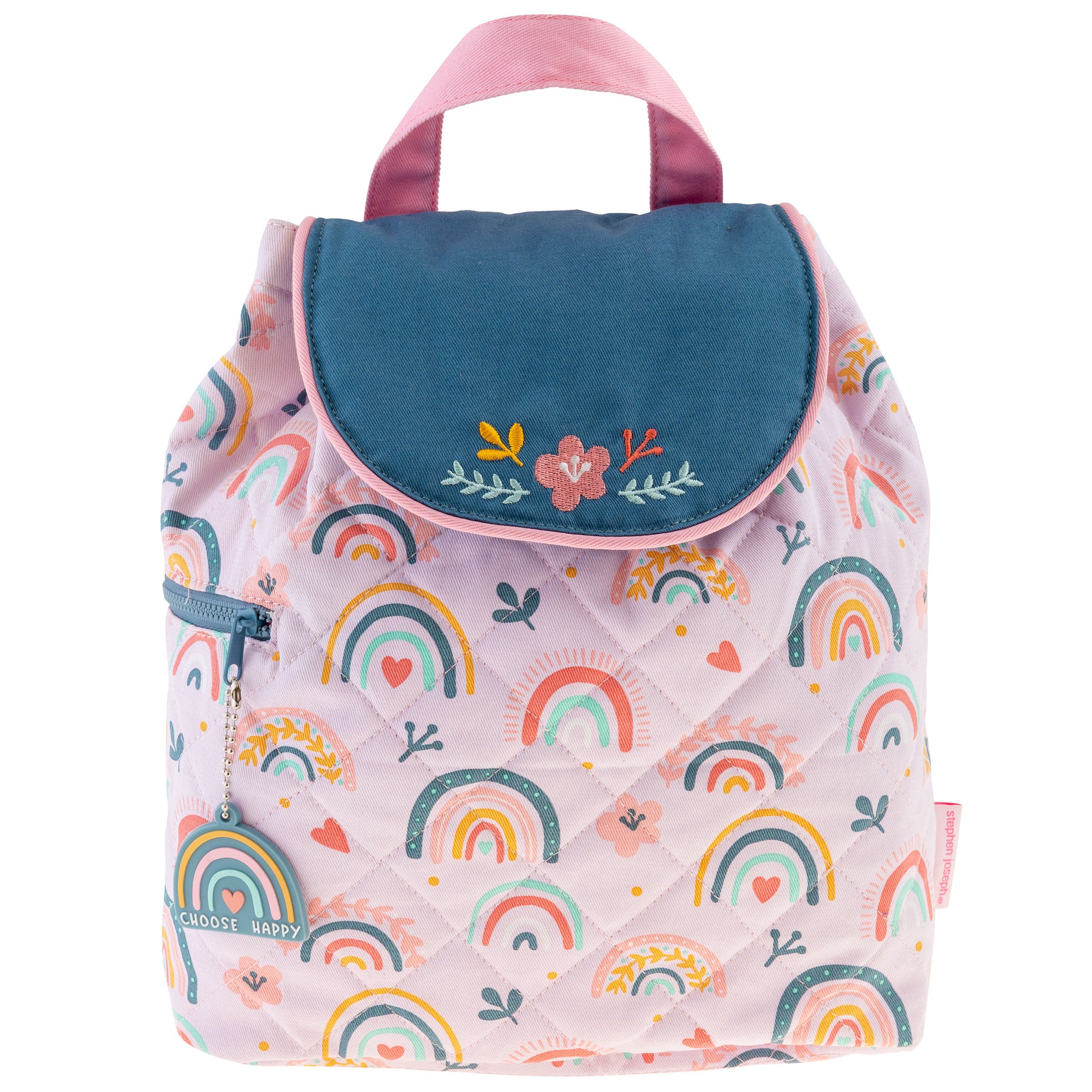 Quilted pink backpack with rainbow print, teal floral flap, top handle, side zipper and rainbow charm.