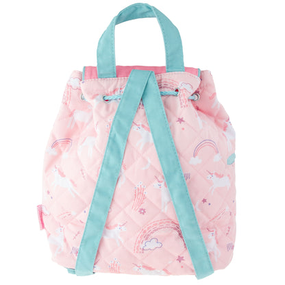 Pink quilted backpack with unicorn and rainbow print, aqua straps, top handle, and drawstring closure.