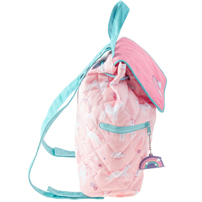 Pink quilted backpack with aqua trim, unicorn print, drawstring flap, zipper pocket, and rainbow charm.
