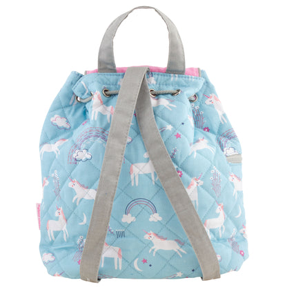 Light blue quilted backpack with unicorn and rainbow print, gray straps, handles, and drawstring closure.