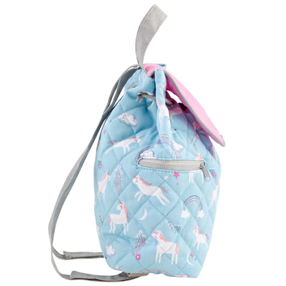 Light blue quilted unicorn backpack with pink flap, gray straps, drawstring top and front zipper pocket.
