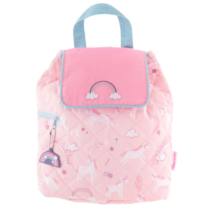 Pink quilted backpack with cloud-and-star print, blue trim, rainbow flap embroidery, front zipper and charm.