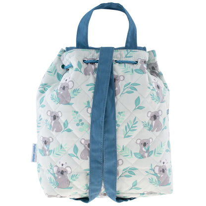 Mint quilted drawstring backpack with gray koalas, teal leaves, blue straps and flap closure