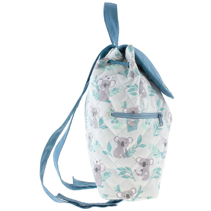 Quilted white and blue backpack with gray koala and mint leaf print, drawstring top and front zipper pocket
