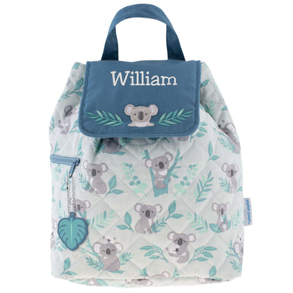 Quilted gray backpack with mint koala print, blue flap, embroidered koala, leaf zipper pull, and William personalization