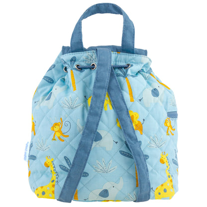 Light blue quilted duffel with yellow safari animals, denim straps, drawstring top and side zipper.