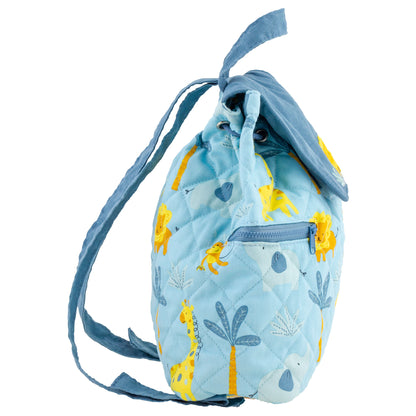 Light blue quilted backpack with yellow safari animals, flap top, drawstring, and front zip pocket.