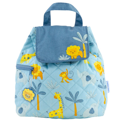 Light blue quilted backpack with safari animal print, lion appliqué flap, top handle and front zipper.