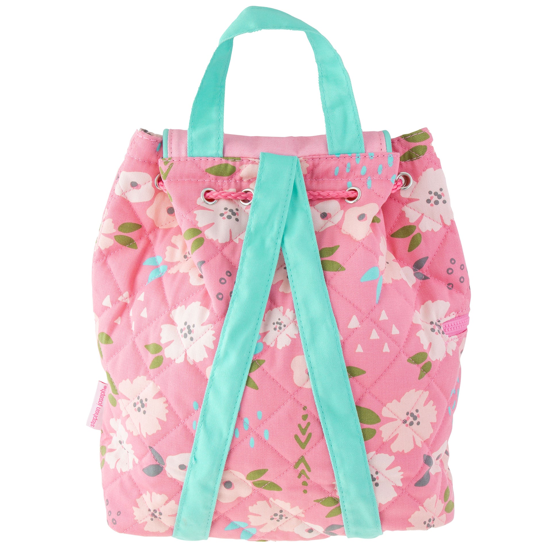 Pink quilted floral backpack with aqua straps, drawstring closure, metal eyelets and side zipper.
