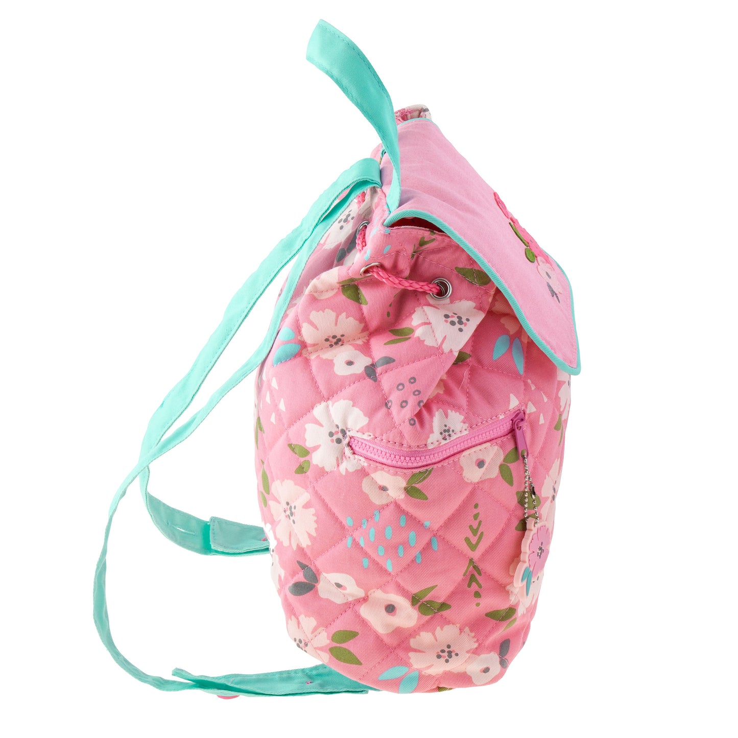 Pink quilted floral backpack with aqua trim, flap, drawstring closure, and front zip pocket.
