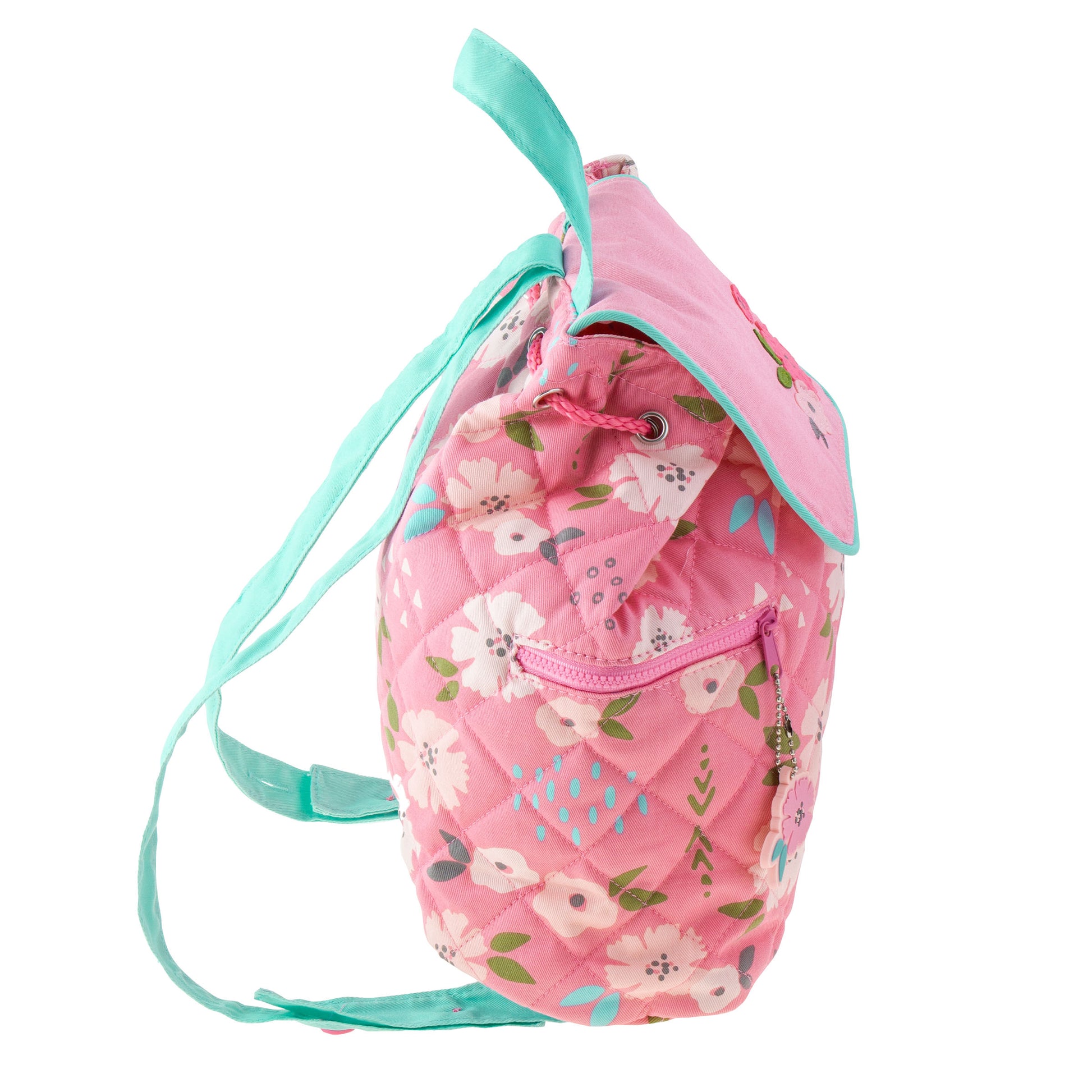 Pink quilted floral backpack with aqua trim, flap, drawstring closure, and front zip pocket.