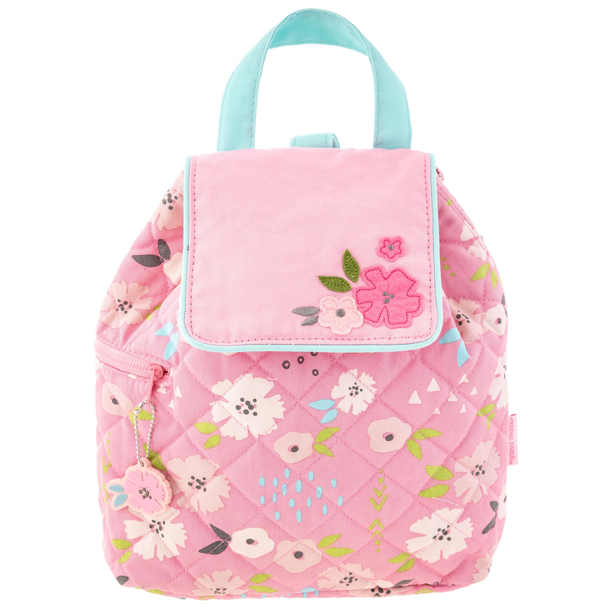 Pink quilted floral backpack with aqua handles, appliqué flap, side zipper and flower charm.