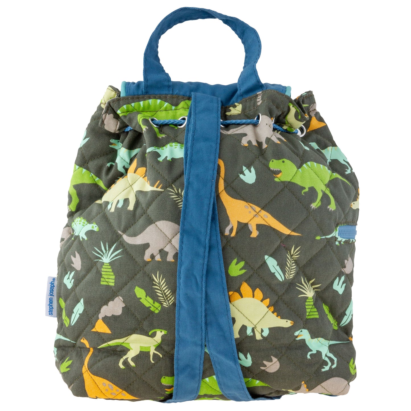 Quilted gray dinosaur-print duffel bag with blue handles, drawstring closure, and front straps.