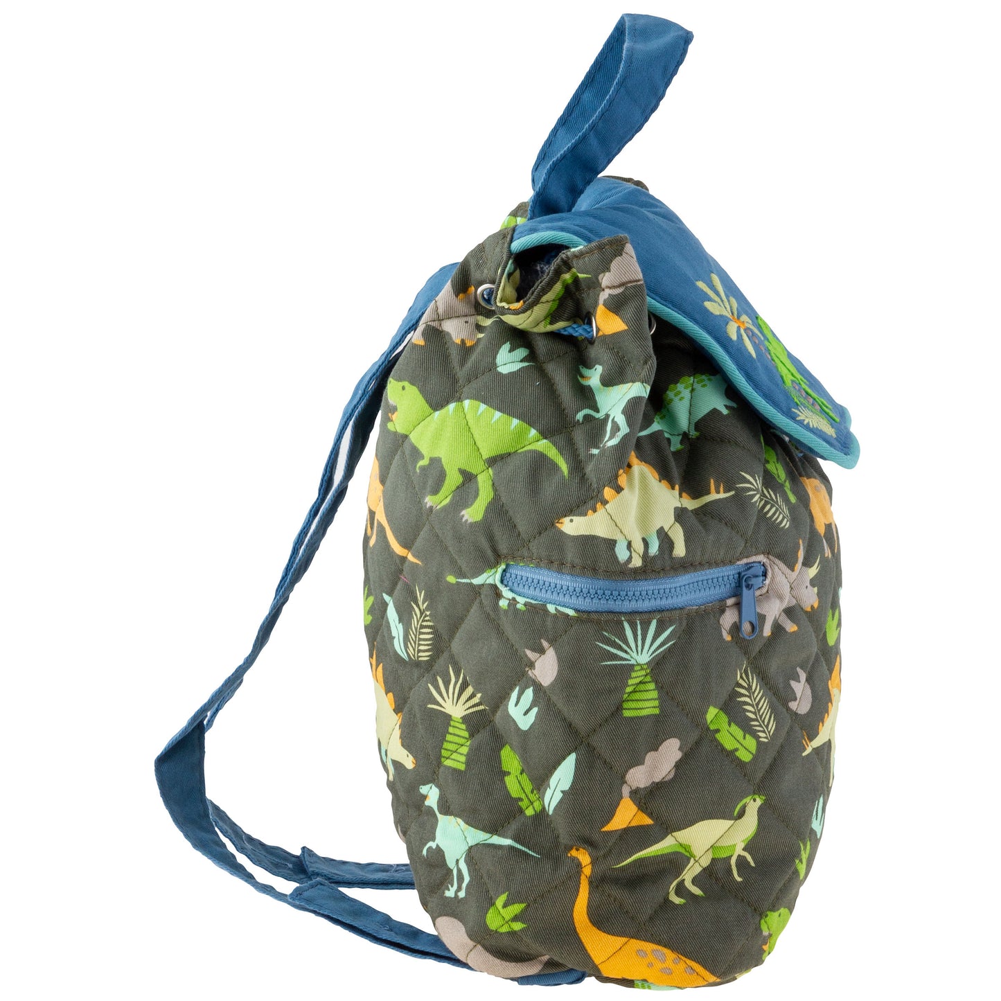 Quilted charcoal drawstring backpack with colorful dinosaur print, blue flap, straps, and front zip pocket
