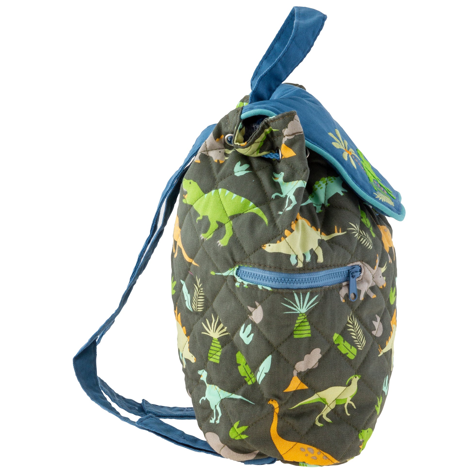 Quilted charcoal drawstring backpack with colorful dinosaur print, blue flap, straps, and front zip pocket