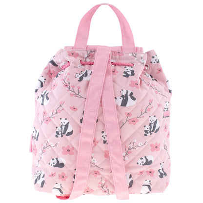 Pink quilted backpack with panda and cherry blossom print, drawstring closure, top handles and shoulder straps.