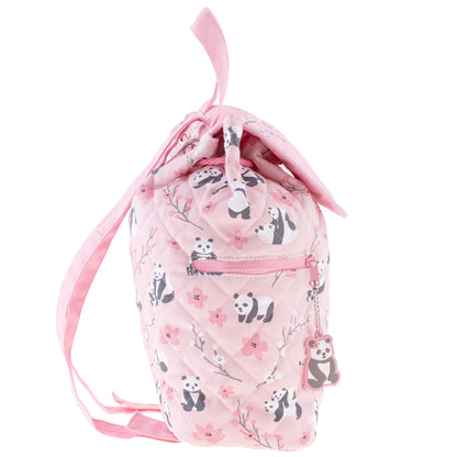 Pink quilted drawstring backpack with panda and floral print, front zipper pocket, shoulder straps, and panda charm.