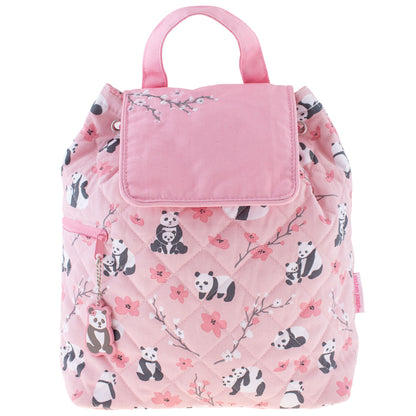 Pink quilted backpack with panda and floral print, top handle, flap closure, and panda zipper charm.