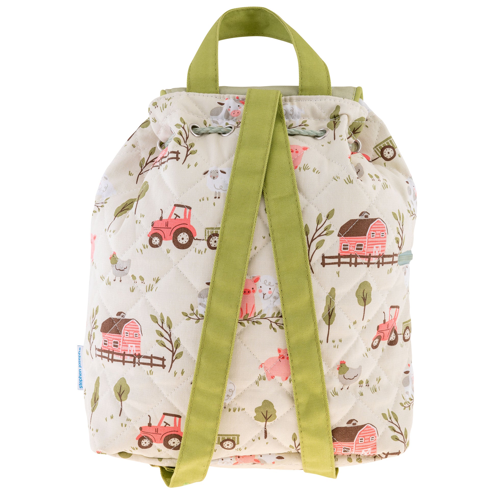 Cream quilted drawstring backpack with olive straps and pink farm animal, tractor, and barn print.