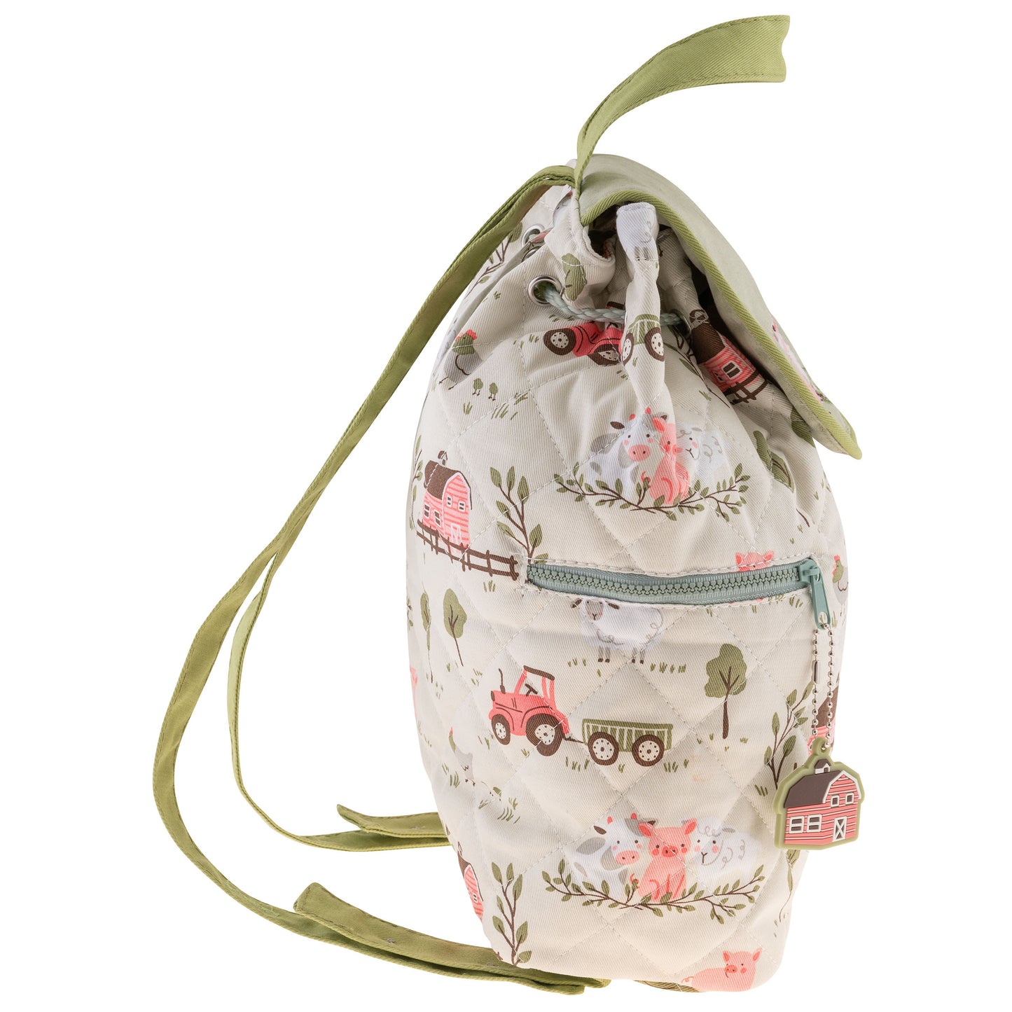 Cream quilted backpack with olive trim, farm print, drawstring closure, zipper pocket, and barn charm.