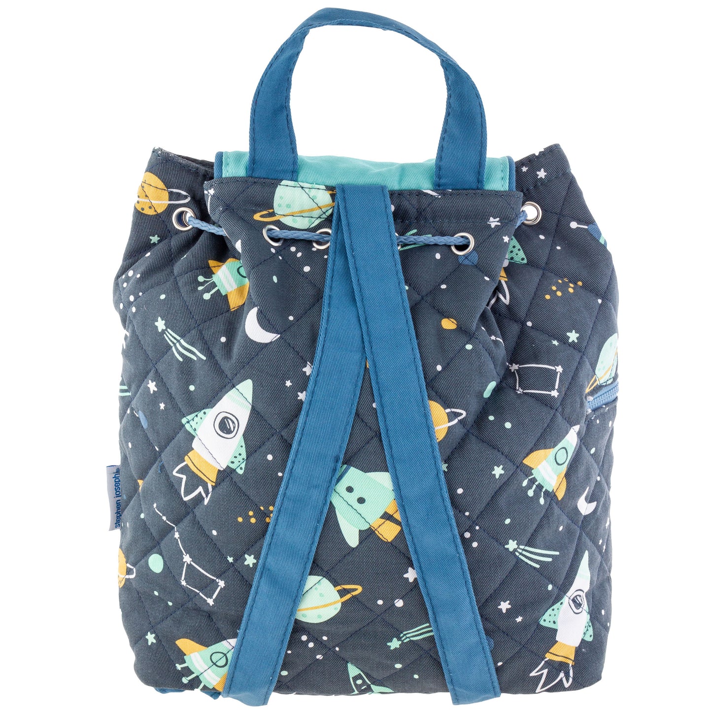 Navy quilted backpack with mint rockets, planets and stars, blue straps, drawstring and flap closure.