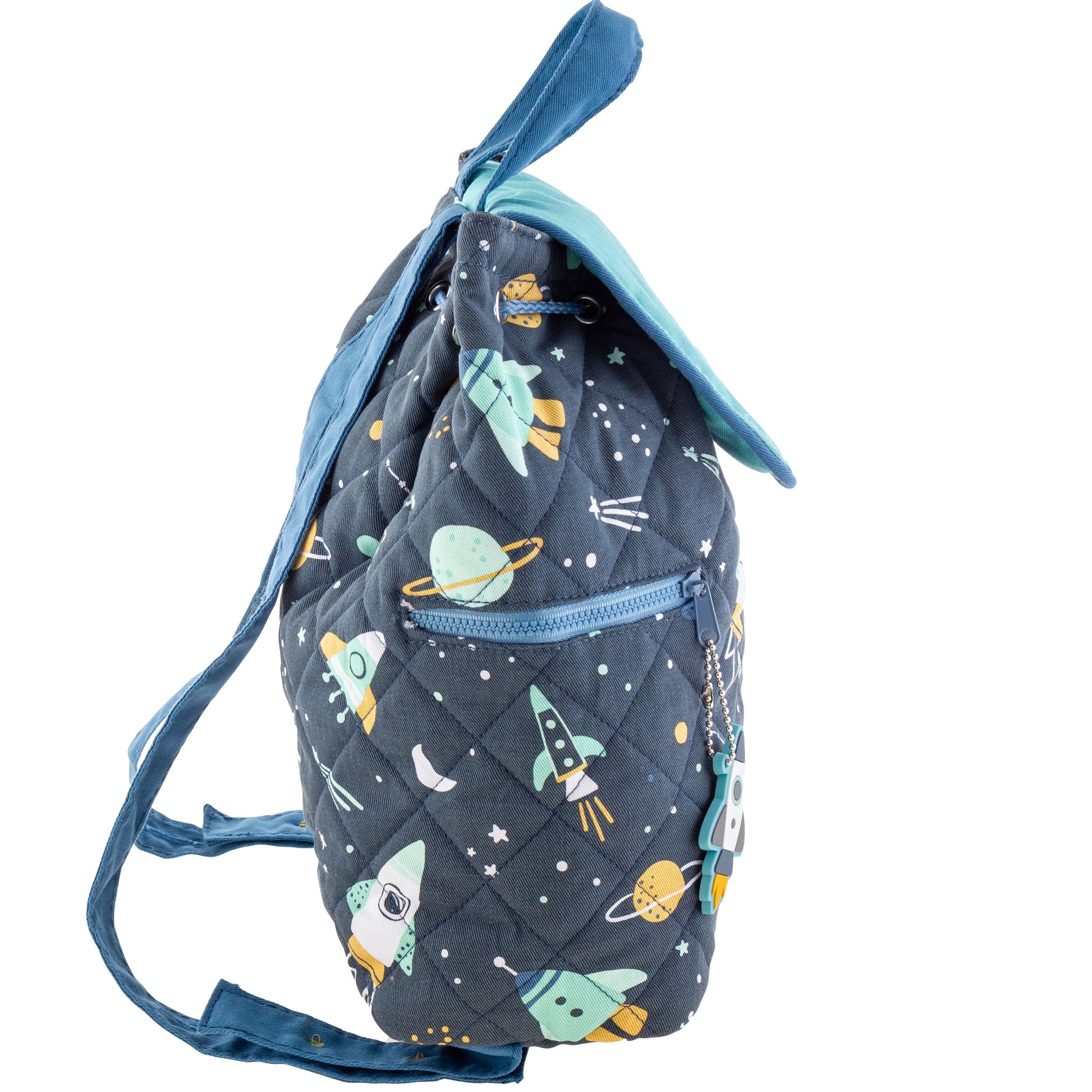 Navy quilted backpack with mint and yellow space print, drawstring top, zipper pocket and rocket charm