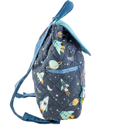 Navy quilted backpack with mint and yellow space print, drawstring top, zipper pocket and rocket charm