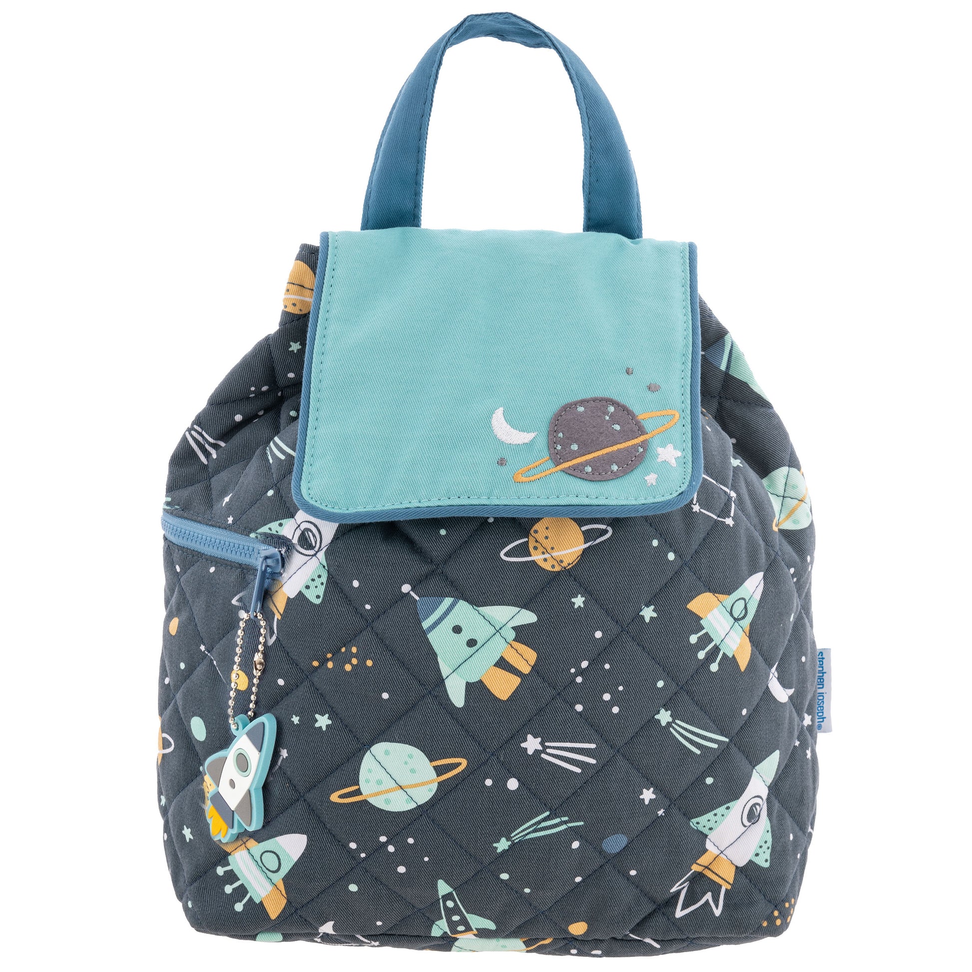 Quilted navy lunch bag with mint flap, space-print rockets and planets, top handle, zipper, and rocket charm.