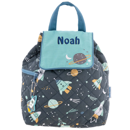 Rocket quilted backpack, close-up of embroidered design detail