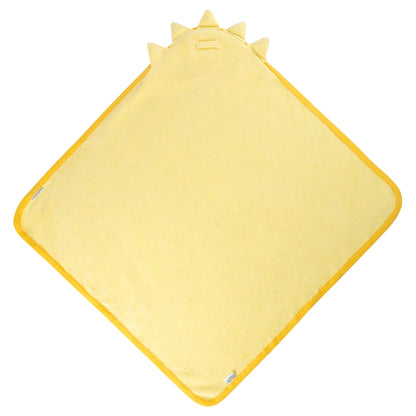 Yellow hooded towel with dinosaur spikes and darker yellow trim, shown from the back.