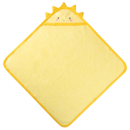 Yellow hooded towel with sun face and rays, shown flat or monogram.