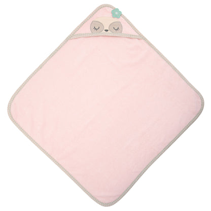 Pink hooded baby towel with sloth face and teal flower, shown from back.