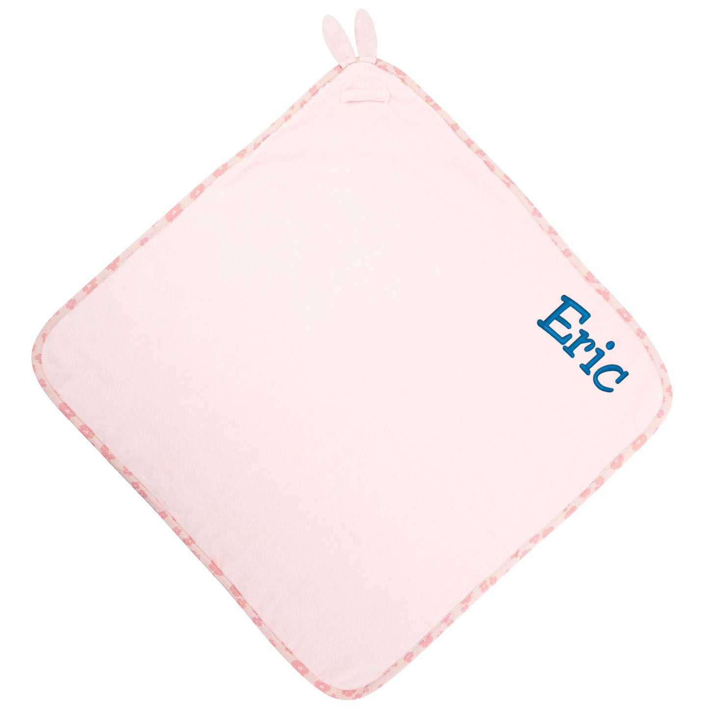 Bunny baby hooded bath towel embroidered detail showing custom name