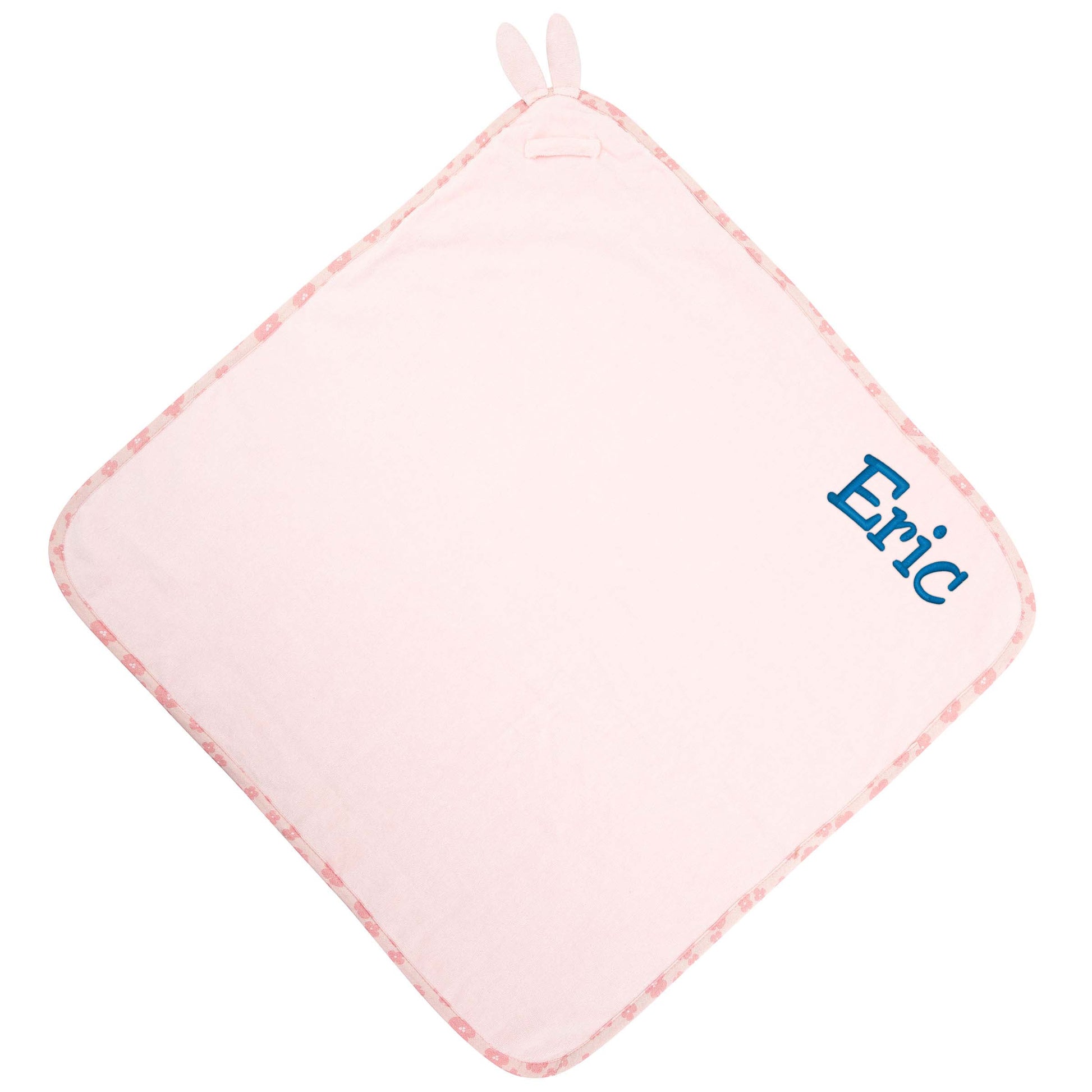 Bunny baby hooded bath towel embroidered detail showing custom name