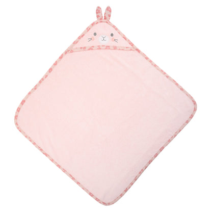 Pink hooded towel with bunny face and ears, floral trim, shown flat