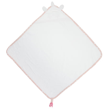 White hooded towel with pink trim and unicorn ears, shown from the plain white inside.