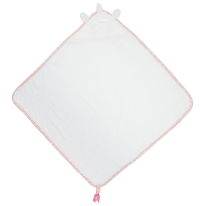 White hooded baby bath towel with pink trim and unicorn ears, shown from the inside.