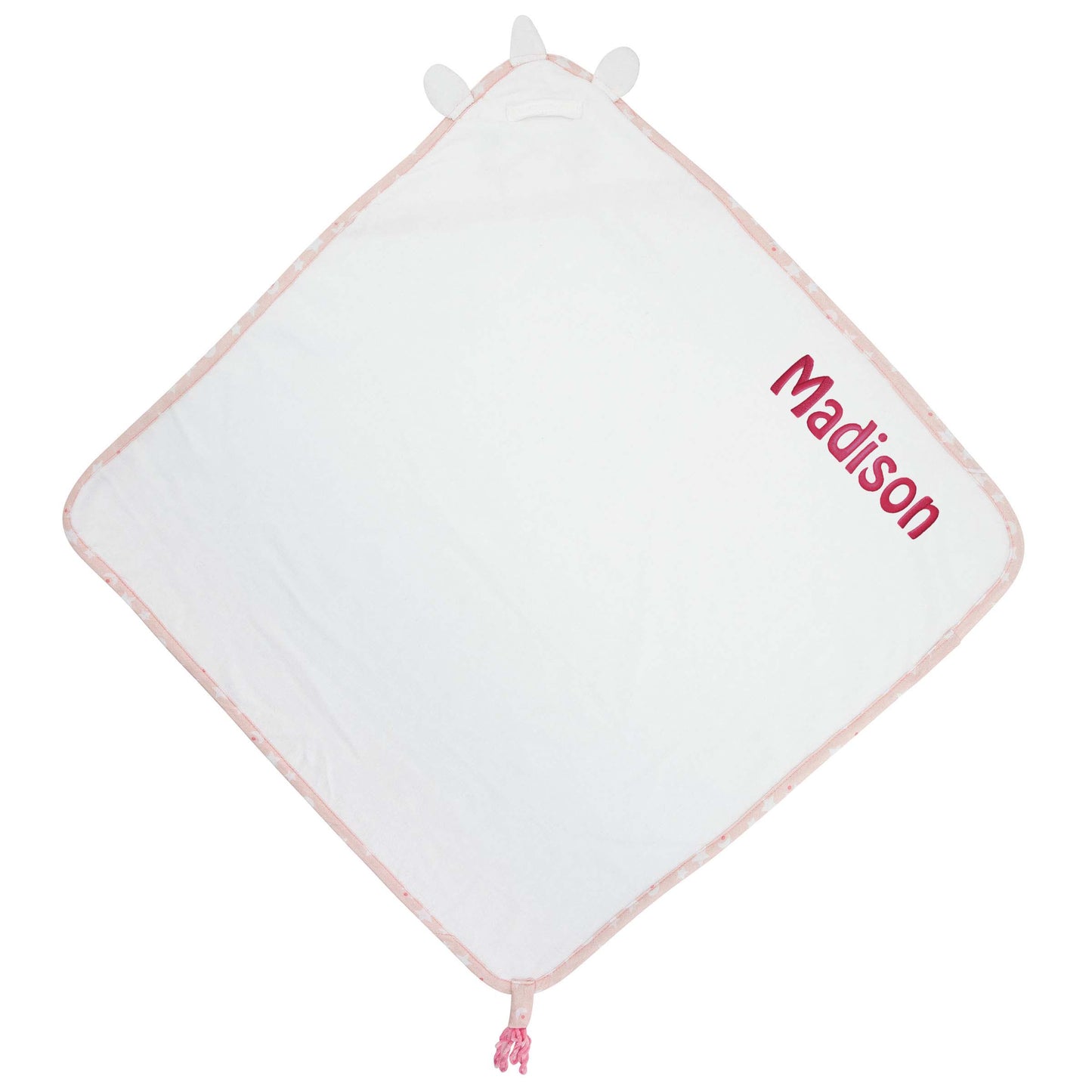 Unicorn baby hooded bath towel embroidered detail showing custom name