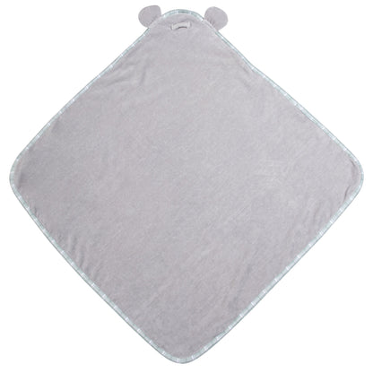 Grey hooded baby bath towel with koala ears and plaid trim, shown from the back.