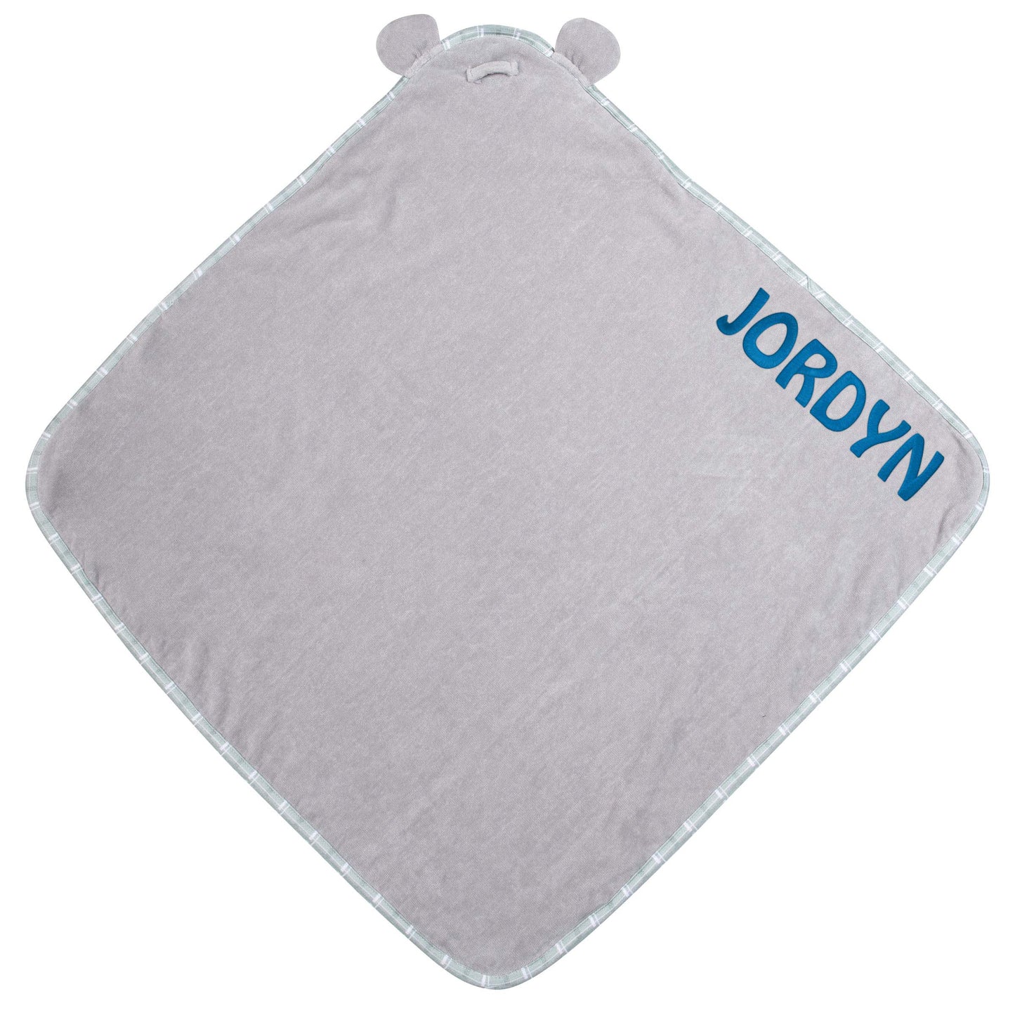 Koala baby hooded bath towel embroidered detail showing custom name