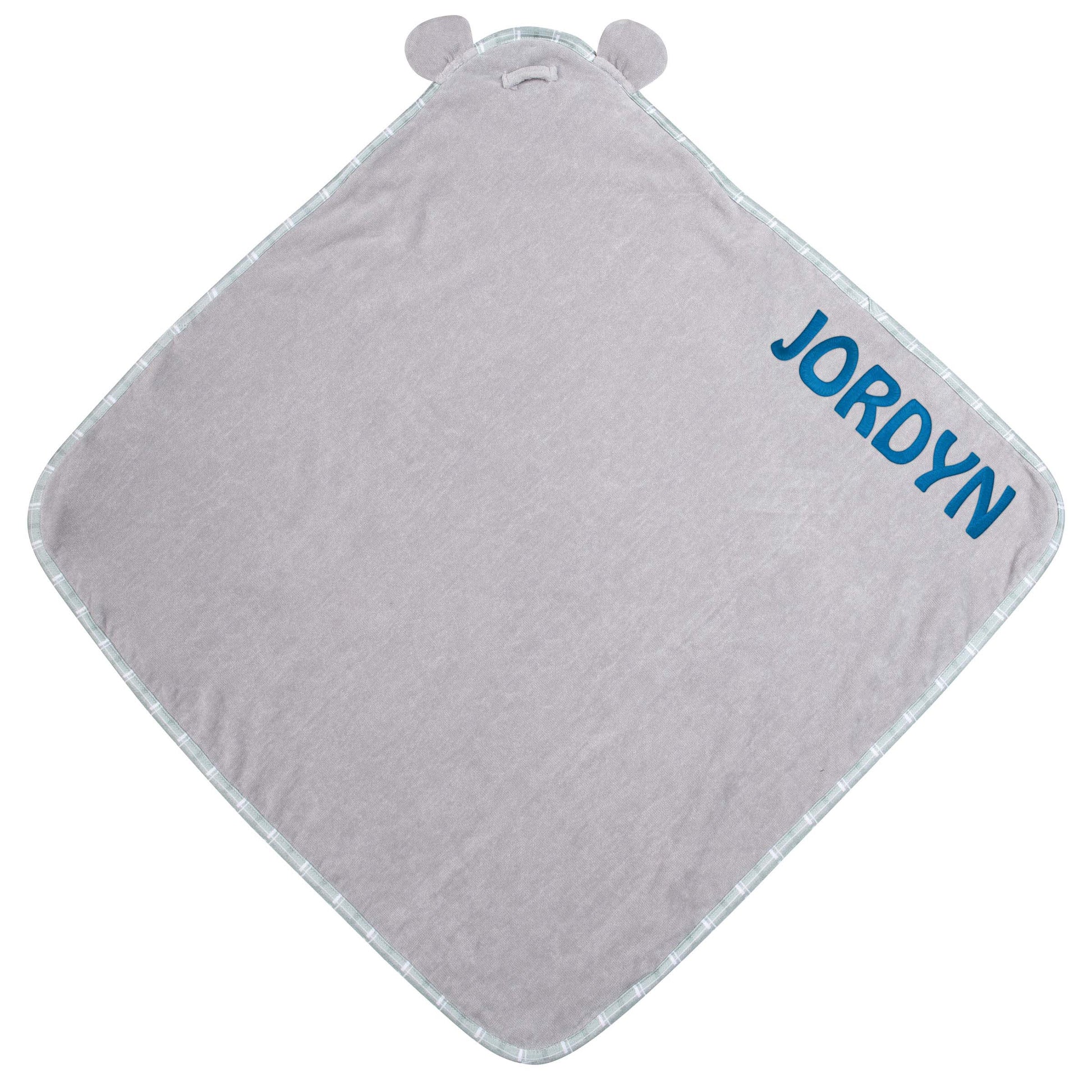 Koala baby hooded bath towel embroidered detail showing custom name