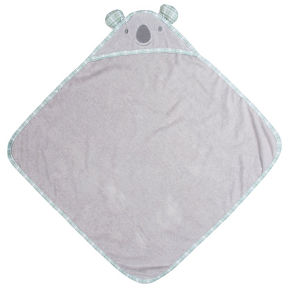 Grey hooded towel with green plaid trim and koala face, showing the inside.